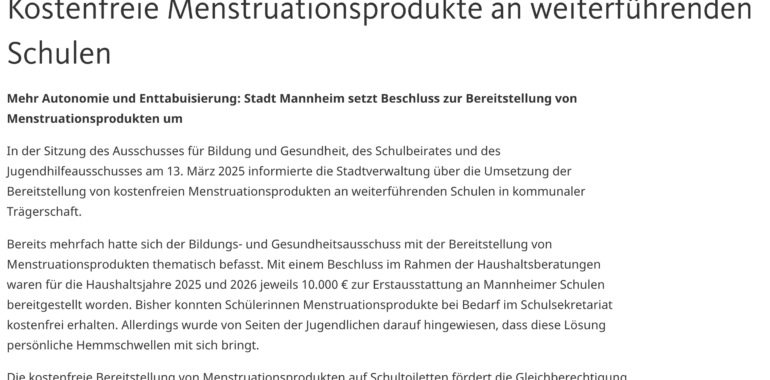 Weiterführende Schulen in Mannheim erhalten kostenlose Periodenprodukte