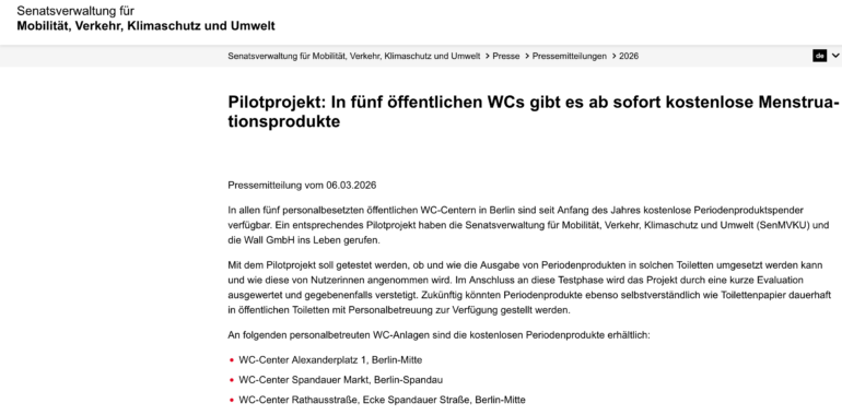 Berlin: Pilotprojekt startet an fünf öffentlichen Toiletten